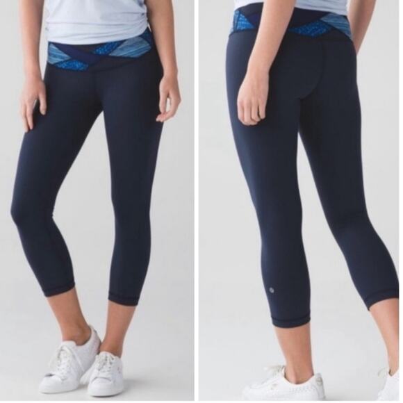 Lululemon Wunder Under Blue Patchwork Cropped Leggings - Picture 1 of 9